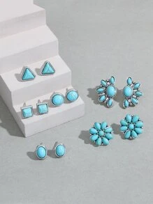 6pairs Geometric Round Triangle Flower Turquoise Stud Earrings - Blue - View 3