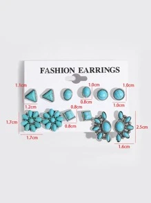 6pairs Geometric Round Triangle Flower Turquoise Stud Earrings - Blue - View 4