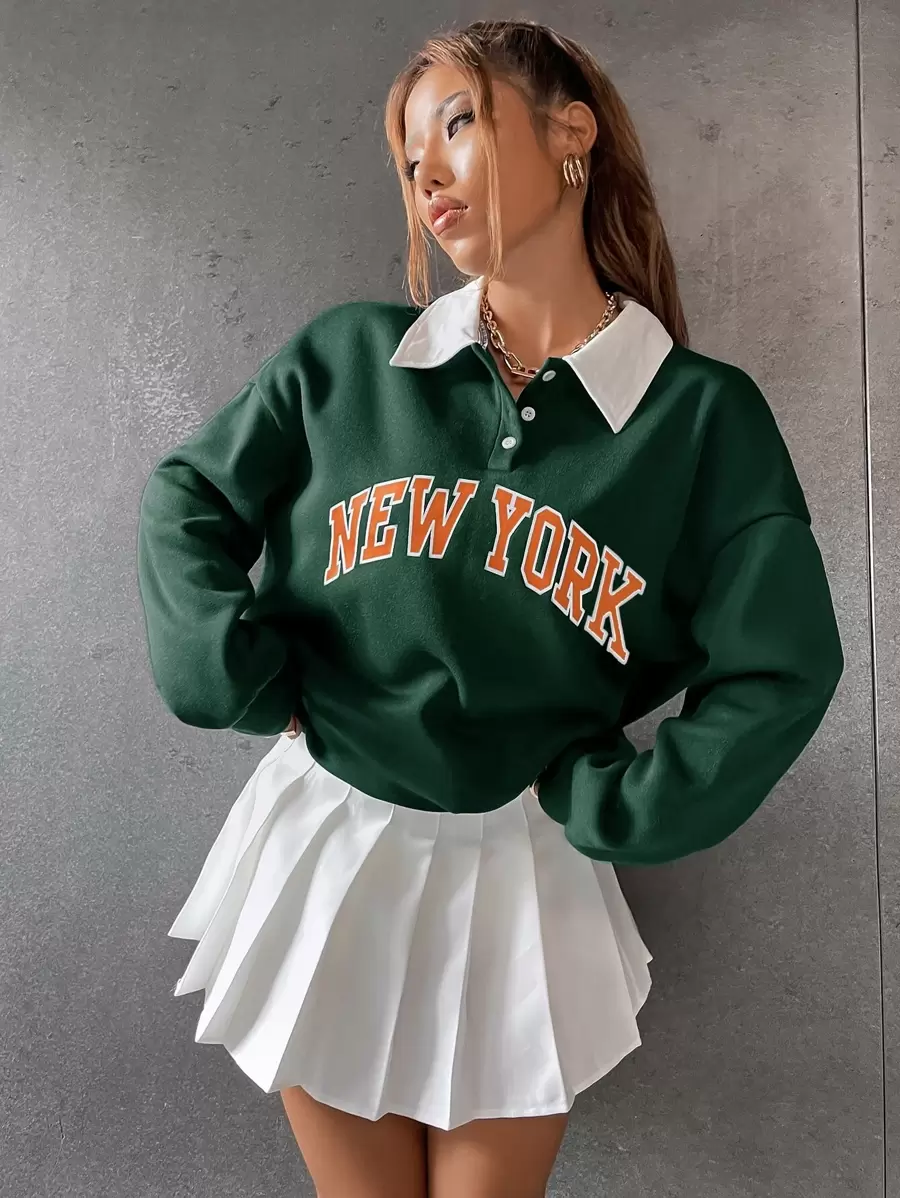 SHEIN Unity 马球领落肩字母图案套头衫，长袖上衣 - 綠色 - 查看 1