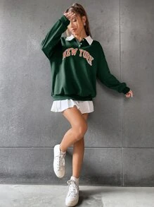 SHEIN Unity 马球领落肩字母图案套头衫，长袖上衣 - 綠色 - 查看 6