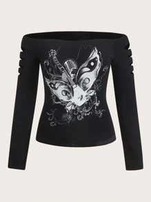 ROMWE PUNK Áo thun Plus size Bị tách Đồ họa Loại bướm Giải trí - màu đen - Xem 1