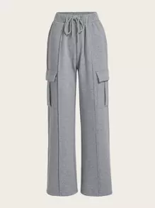 SHEIN EZwear Flap Pocket Drawstring Waist Joggers - Light Grey - View 1