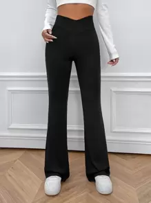 SHEIN EZwear V腰喇叭褲 - 黑色 - 查看 1