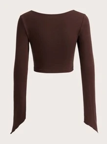 SHEIN EZwear 雞心領口前打結開衩袖短款T恤 - 巧克力棕 - 查看 2