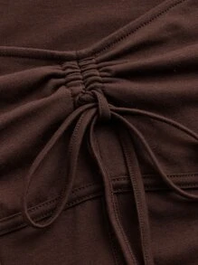 SHEIN EZwear 雞心領口前打結開衩袖短款T恤 - 巧克力棕 - 查看 3