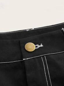 SHEIN EZwear 高腰頂針闊腿褲 - 黑色 - 查看 3