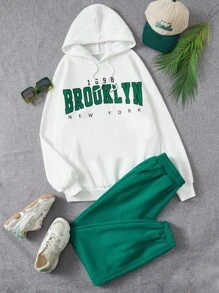 SHEIN EZwear 字母圖案落肩袖抽繩連帽衫和運動褲 - 彩色 - 查看 1