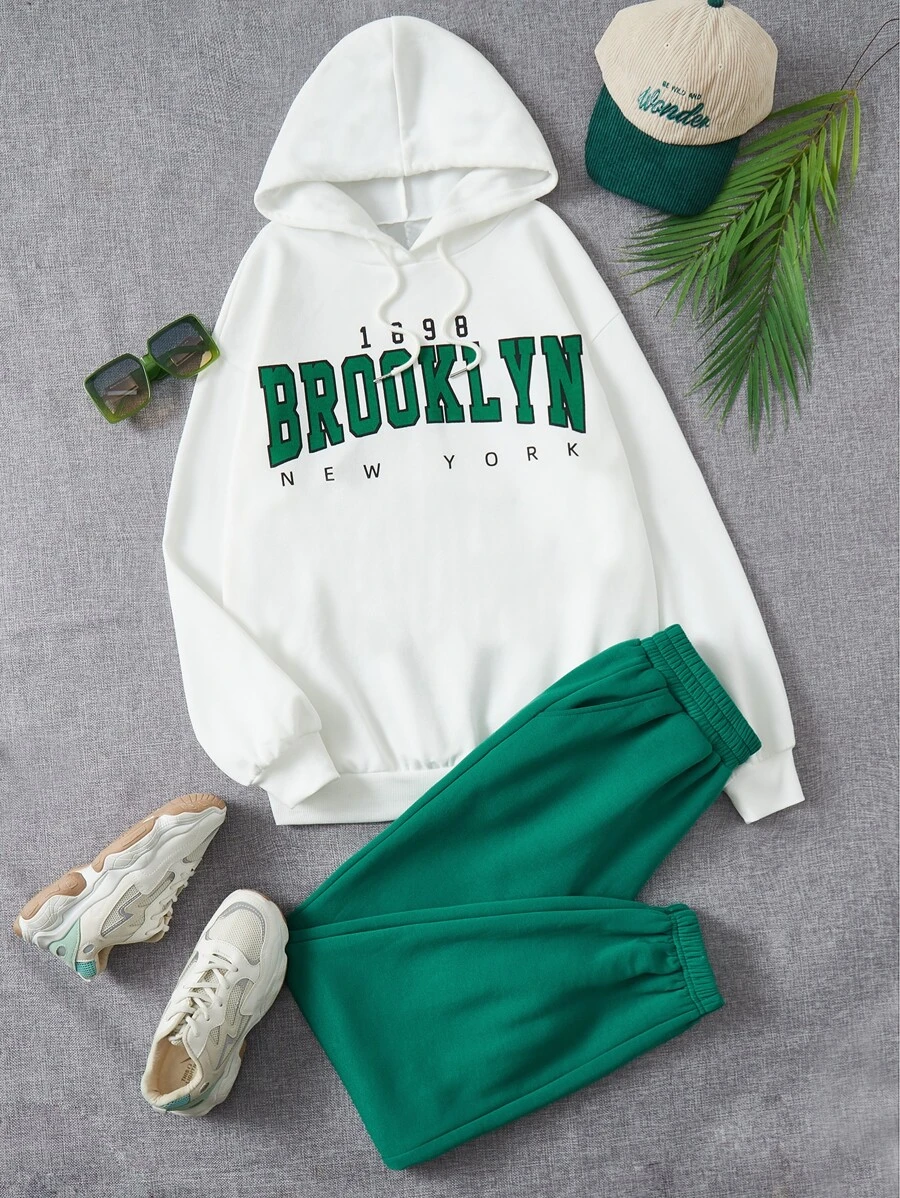 SHEIN EZwear 字母圖案落肩袖抽繩連帽衫和運動褲 - 彩色 - 查看 1