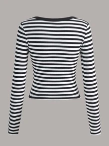 SHEIN EZwear Striped Print Heart Embroidery Notched Neck Tee - Black and White - View 2