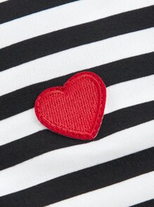 SHEIN EZwear Striped Print Heart Embroidery Notched Neck Tee - Black and White - View 3