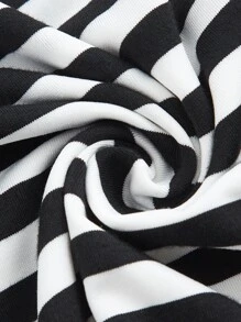 SHEIN EZwear Striped Print Heart Embroidery Notched Neck Tee - Black and White - View 4