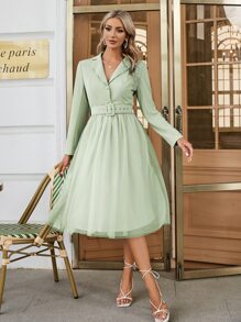 Simplee Đầm Thắt lưng Tương phản Mesh Nút phía trước màu trơn Thanh lịch - Màu xanh Bạc hà - Xem 1