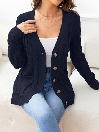 DEARCASE Cable Knit Pocket Patched Cardigan,Long Sleeve Tops