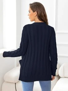 DEARCASE Cable Knit Pocket Patched Cardigan,Long Sleeve Tops - Navy Blue - View 2