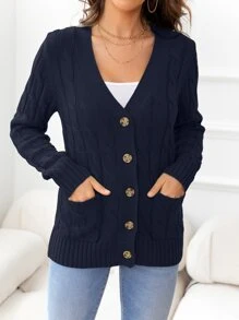 DEARCASE Cable Knit Pocket Patched Cardigan,Long Sleeve Tops - Navy Blue - View 5