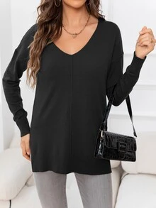 DEARCASE V-neck Drop Shoulder Split Hem Jumper - Black - View 4