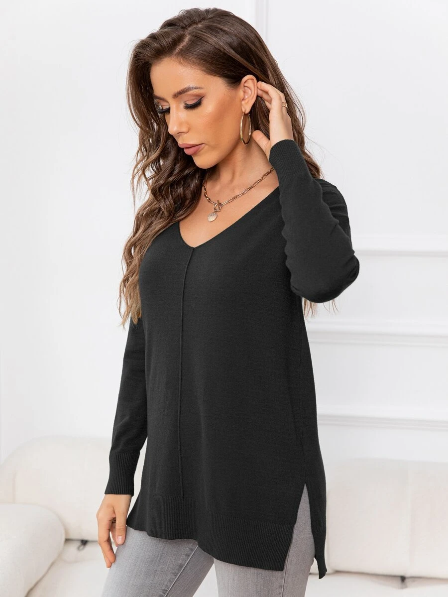 DEARCASE V-neck Drop Shoulder Split Hem Jumper - Black - View 1