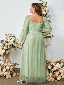 Simplee Plus Contrast Lace Lantern Sleeve Mesh Formal Dress - Mint Green - View 2