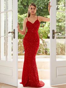 Missord Women's V-Neck Sequin Slip Dress, Party Wear For Christmas - Red - View 1