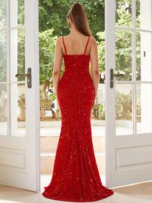 Missord Women's V-Neck Sequin Slip Dress, Party Wear For Christmas - Red - View 2