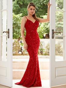 Missord Women's V-Neck Sequin Slip Dress, Party Wear For Christmas - Red - View 3