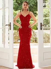 Missord Women's V-Neck Sequin Slip Dress, Party Wear For Christmas - Red - View 4