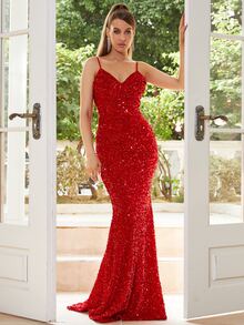 Missord Women's V-Neck Sequin Slip Dress, Party Wear For Christmas - Red - View 5