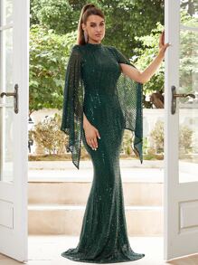 Missord 亮片開衩袖魚尾裙下擺緊身連衣裙