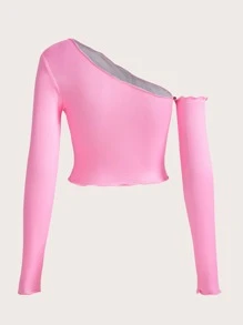 SHEIN ICON Figure Graphic Asymmetrical Neck Lettuce Trim Crop Tee - Pink - View 2
