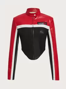 SHEIN ICON Bikercore Colorblock Zip Up PU Leather Y2k Jacket