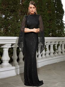 Missord Chiếc đầm maxi đuôi cá đính sequin đen quyến rũ này có cổ đứng, tay áo dài kiểu cape và chi tiết xẻ tà với khóa kéo, là sự lựa chọn hoàn hảo cho các bữa tiệc và sự kiện buổi tối. Thích hợp cho đám cưới mùa xuân. - màu đen - Xem 3