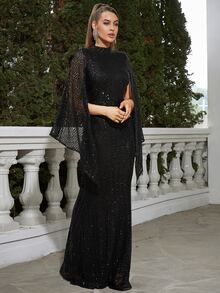 Missord Chiếc đầm maxi đuôi cá đính sequin đen quyến rũ này có cổ đứng, tay áo dài kiểu cape và chi tiết xẻ tà với khóa kéo, là sự lựa chọn hoàn hảo cho các bữa tiệc và sự kiện buổi tối. Thích hợp cho đám cưới mùa xuân. - màu đen - Xem 5