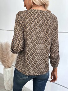 SHEIN Clasi Allover Geo Print Roll Tab Sleeve Half Zip Blouse