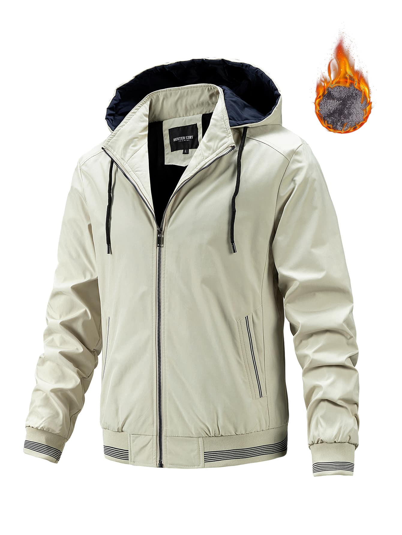 男士條紋印花抽繩連帽保暖夾克 - 米色 - 查看 1