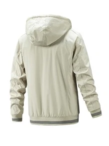 男士條紋印花抽繩連帽保暖夾克 - 米色 - 查看 2