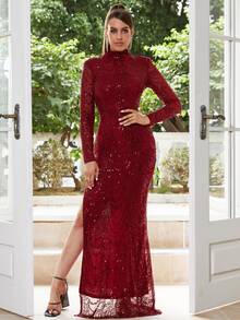 Mock Neck Split Thigh Sequin Prom Dress - Burgundy - View 3