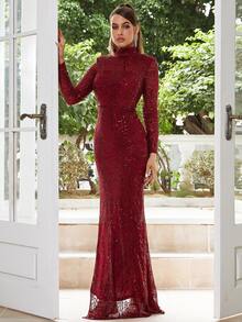 Mock Neck Split Thigh Sequin Prom Dress - Burgundy - View 5