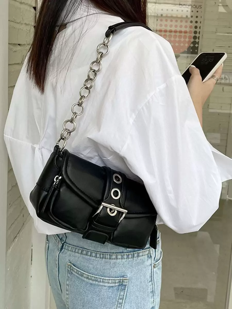 Túi vai Khóa Thùa khuyết màu trơn Chuỗi Đúng mốt - màu đen - Xem 1