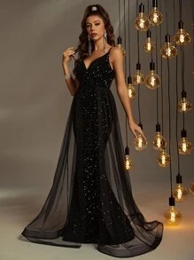 網紗拼接魚尾裙下擺亮片正式連衣裙 - 黑色 - 查看 3