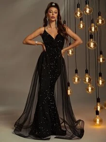 網紗拼接魚尾裙下擺亮片正式連衣裙 - 黑色 - 查看 6