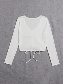 Muchica Camiseta tejida de canalé con cordón delantero - Blanco - Ver 2