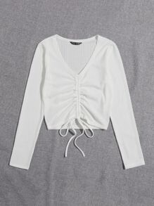 Muchica Camiseta tejida de canalé con cordón delantero - Blanco - Ver 3