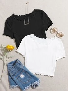 SHEIN Qutie 2 Packs Lettuce Trim Tee - Black and White - View 1