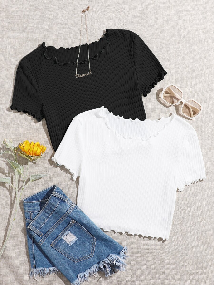 SHEIN Qutie 2 Packs Lettuce Trim Tee - Black and White - View 1