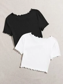 SHEIN Qutie 2 Packs Lettuce Trim Tee - Black and White - View 2