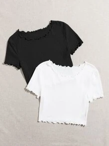 SHEIN Qutie 2 Packs Lettuce Trim Tee - Black and White - View 4