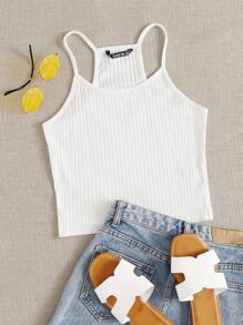 SHEIN EZwear 羅紋針織後工字背心吊帶上衣 - 白色 - 查看 7