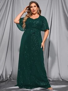 Plus Sequin Butterfly Sleeve Belted Dress - Dark Green - View 1