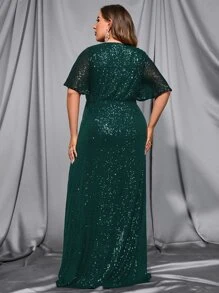 Plus Sequin Butterfly Sleeve Belted Dress - Dark Green - View 2