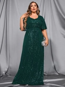 Plus Sequin Butterfly Sleeve Belted Dress - Dark Green - View 3